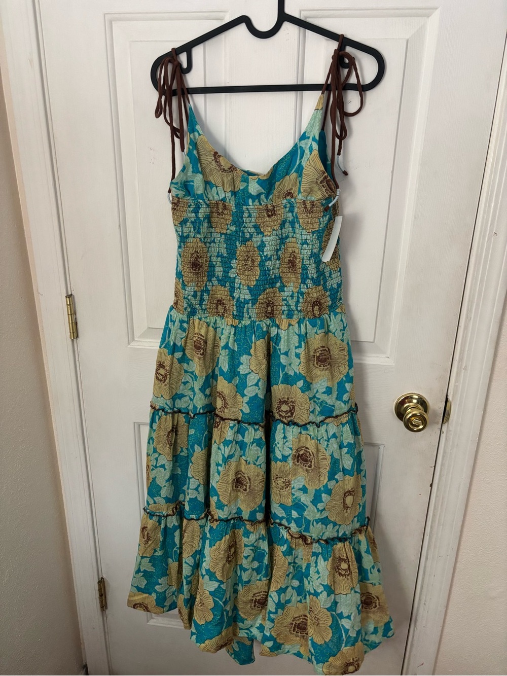 Free People Teal Floral Tie-Shoulder Tiered Midi Dress NWOT